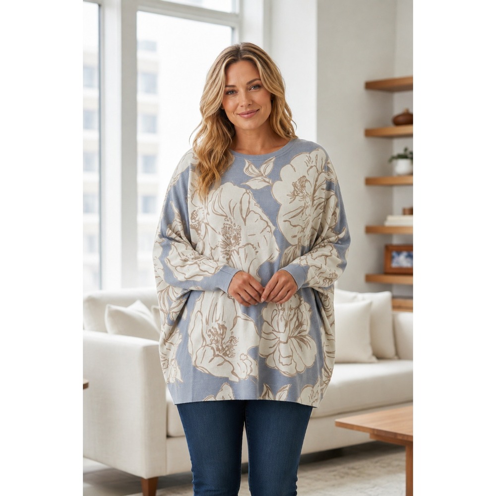 Anthropologie Sioni Floral Oversized‎ Dolman Sweater Womens One Size Blue Cream